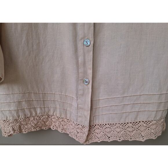Robert Louis 100% Linen Crochet Trim Mother of Pearl buttons Blouse Shirt Tan M - Picture 10 of 10